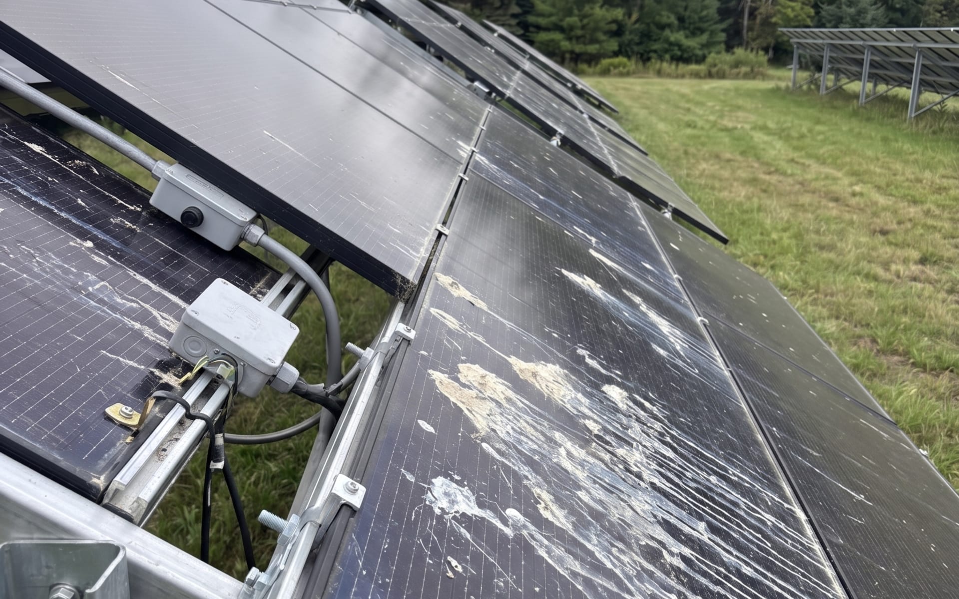 Ground-mount solar array streaked with pollen film and droppings before cleaning