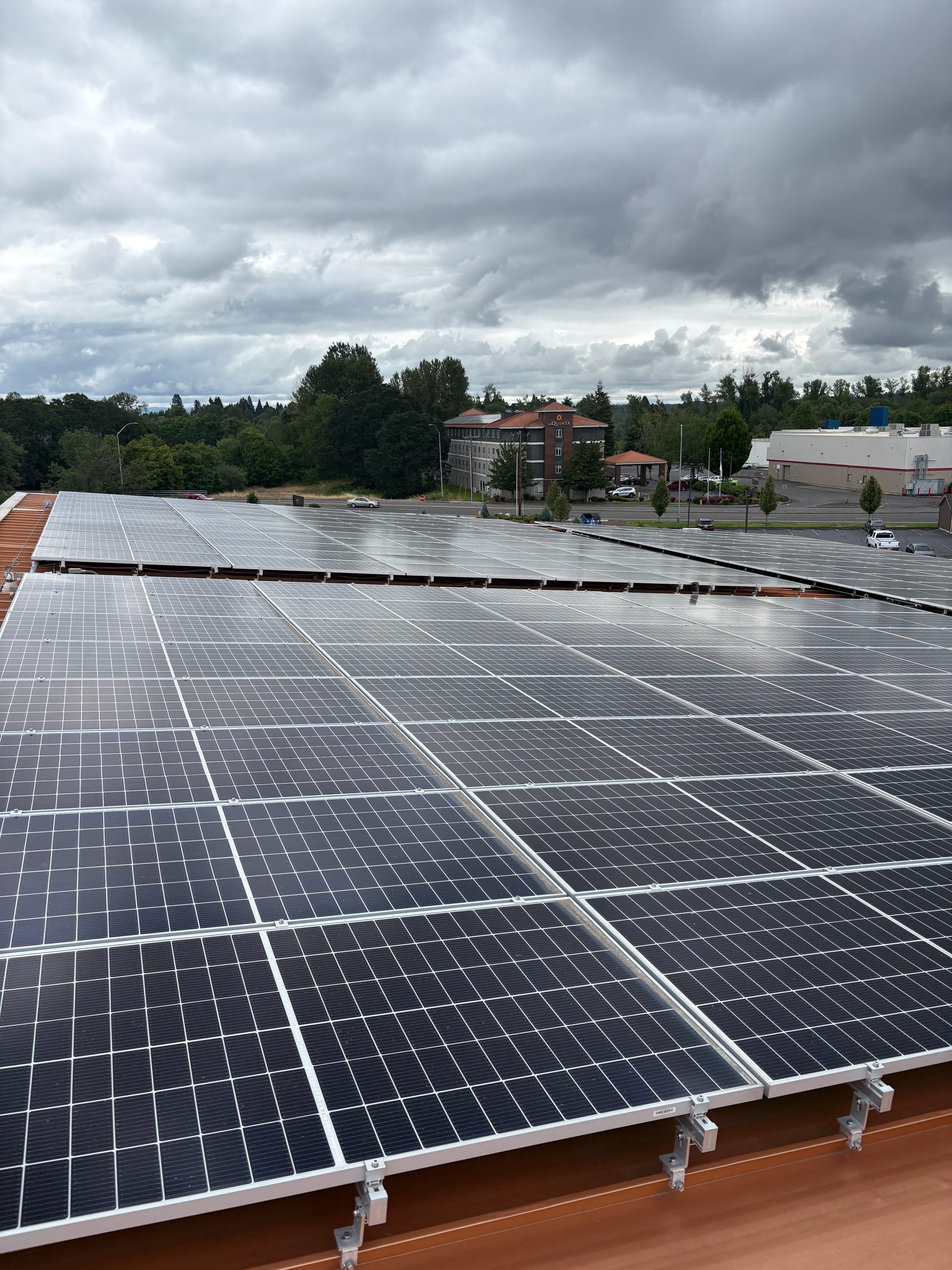Rows of panels running to the horizon on a large flat commercial rooftop