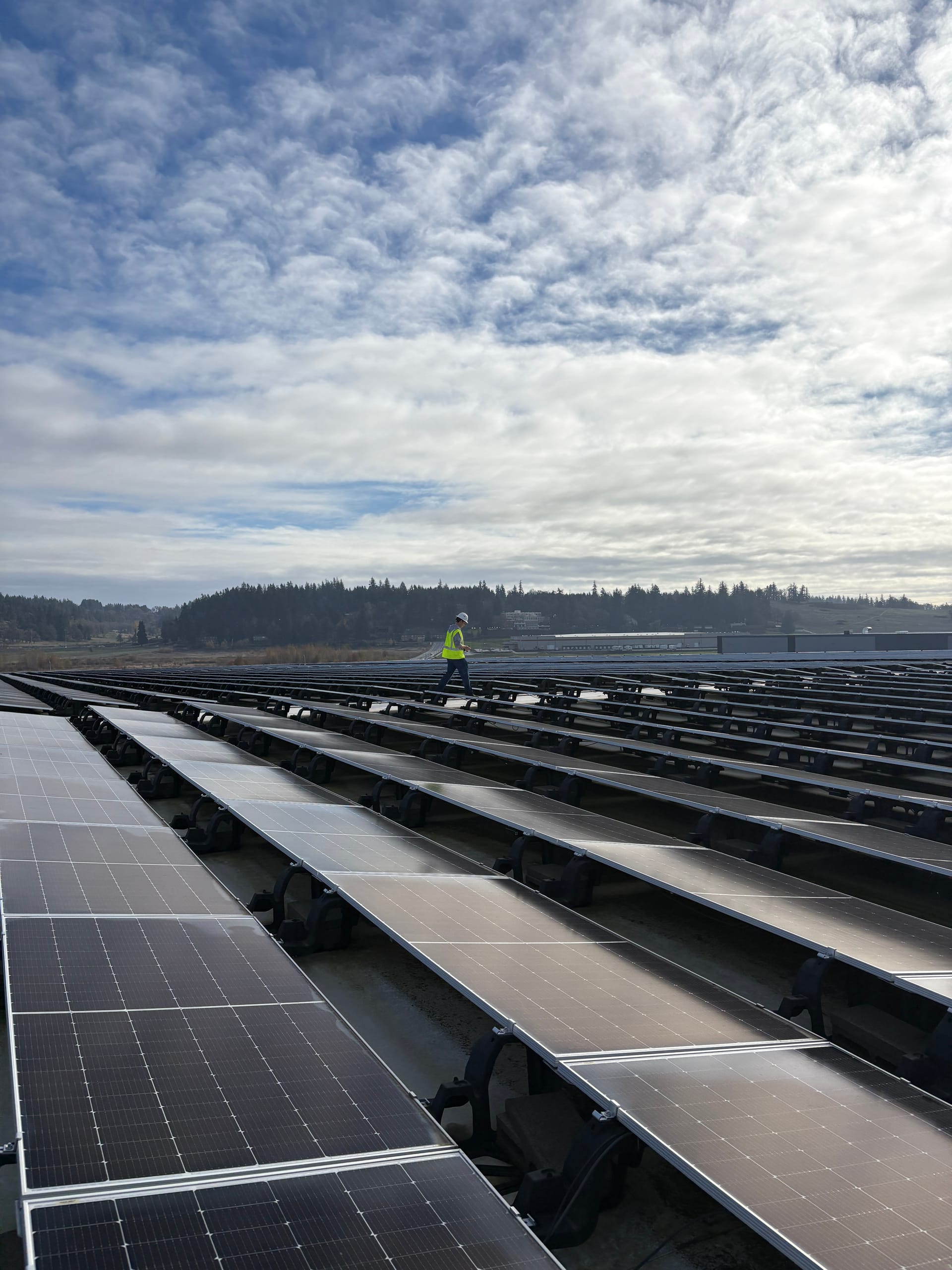 A Northwest Solar Clean technician walking a large commercial rooftop solar array under a dramatic sky